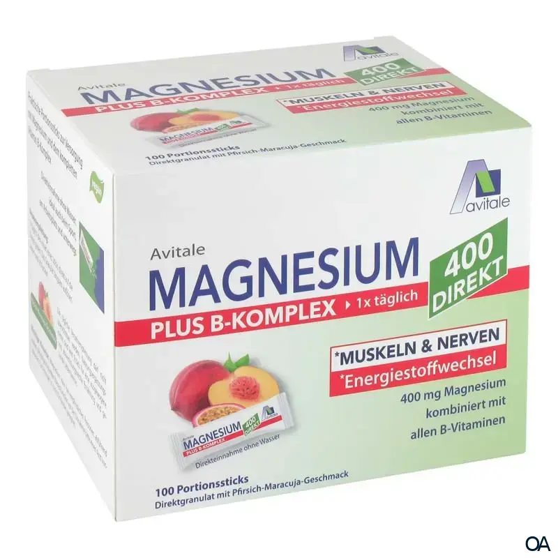 Avitale Magnesium 400 + B-Komplex direkt Pfirsich-Maracuja Direktgranulat Sticks