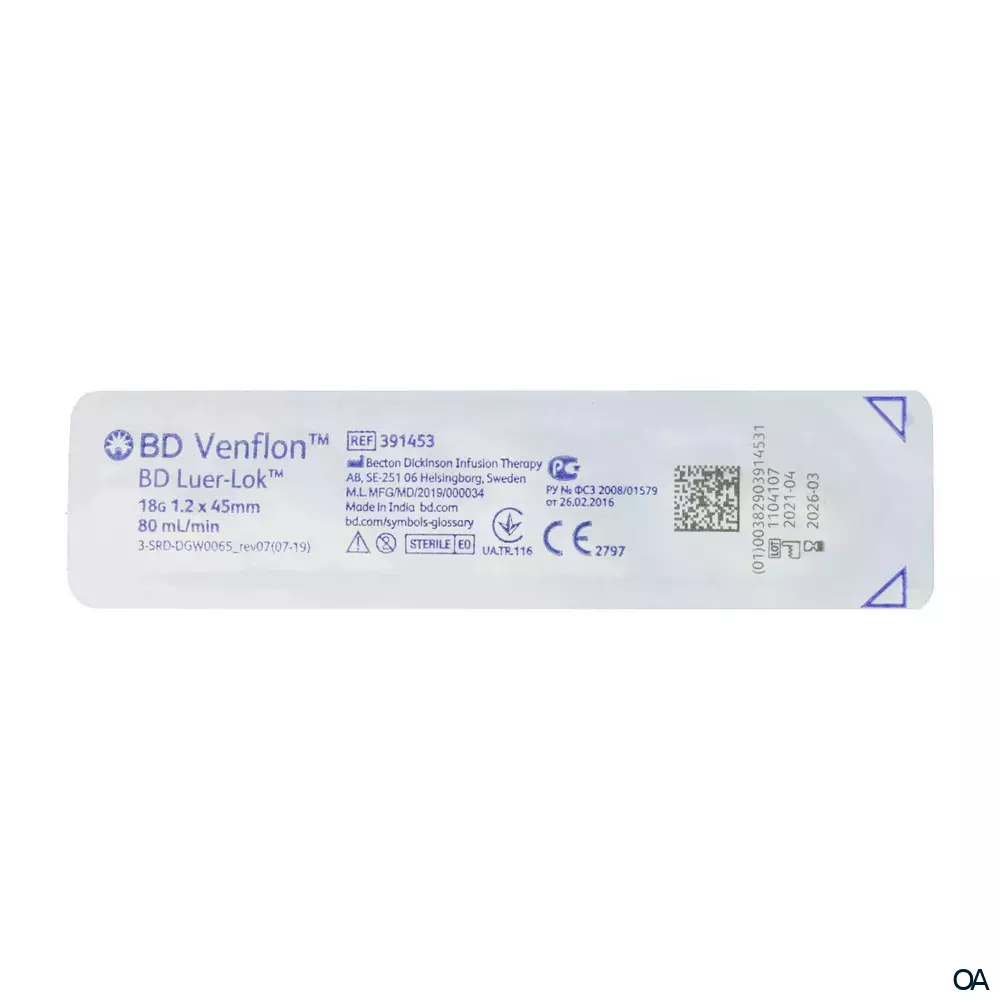 BD Venflon™ Venenverweilkatheter mit Zuspritzventil 18 G, Ø 1,2 mm, 45 mm, grün BD Venflon™ Venenverweilkatheter mit Zuspritzventil 18 G, Ø 1,2 mm, 45 mm, grün