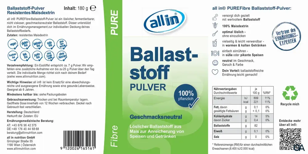 all in® PURE Fibre Ballaststoff Pulver 180 g