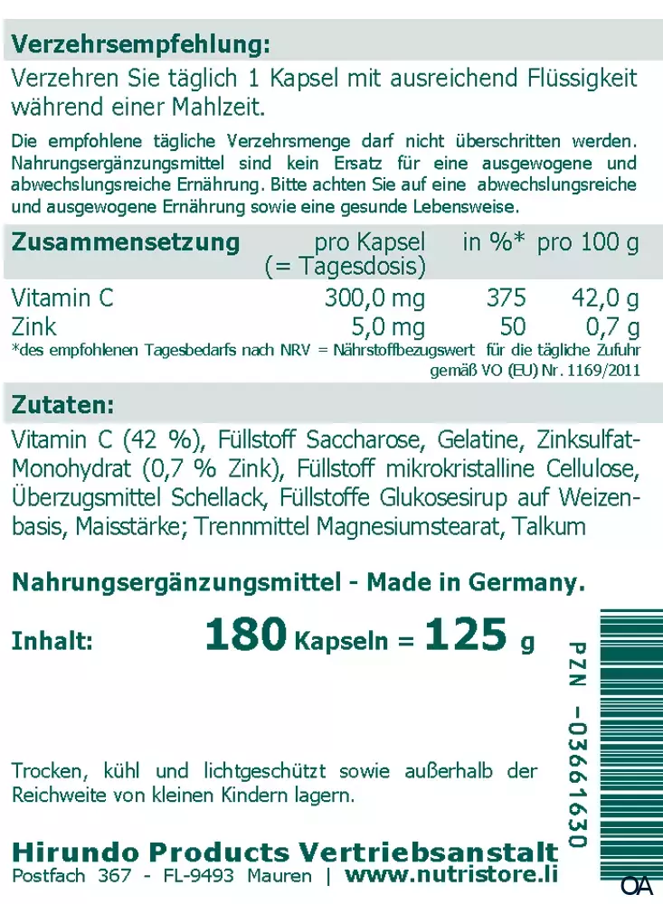 The Nutri Store Vitamin C 300 + Zink 5 Langzeit Kapseln