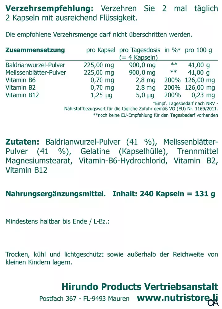 The Nutri Store Baldrian Melisse Nerven Kapseln