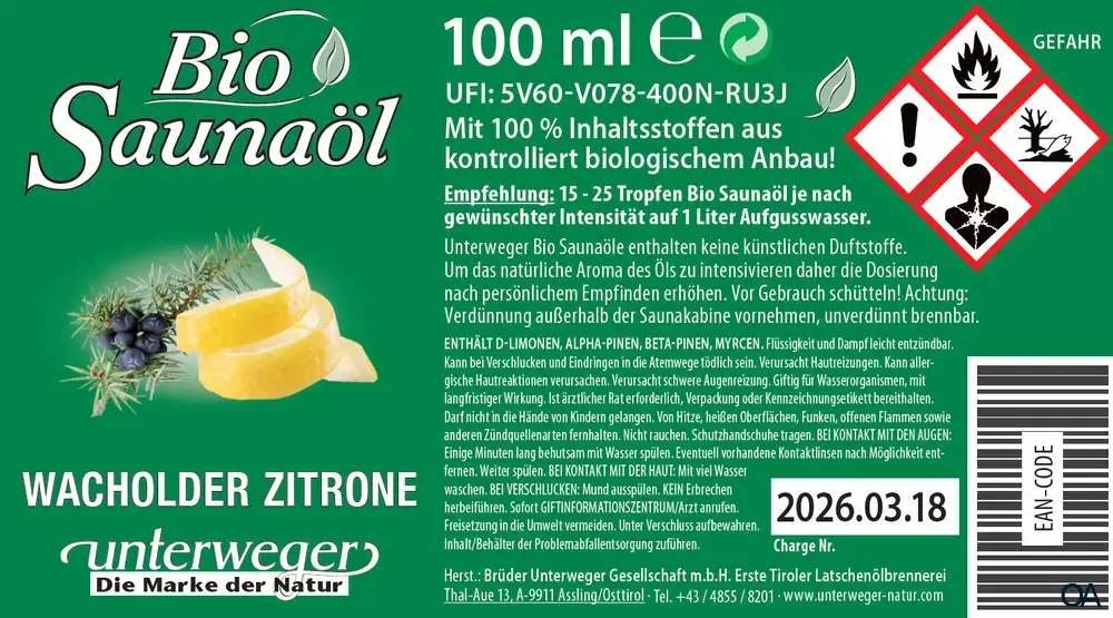 Unterweger Bio Saunaöl Wacholder Zitrone