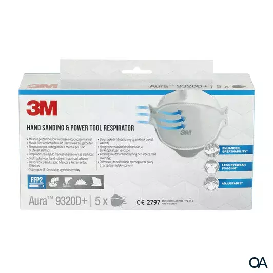 3M™ 9320D+ Aura™ Einweg-Partikel-Atemschutzmaske, FFP2, ohne Ventil, 5 Stück 3M™ 9320D+ Aura™ Einweg-Partikel-Atemschutzmaske, FFP2, ohne Ventil, 5 Stück
