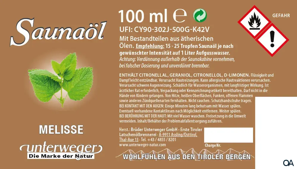 Unterweger Saunaöl Melisse Unterweger Saunaöl Melisse
