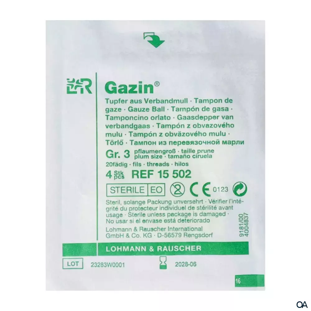 Gazin® Tupfer aus Verbandmull, steril, Größe 3, pflaumengroß - ohne Röntgenkontraststreifen, 20-fädig