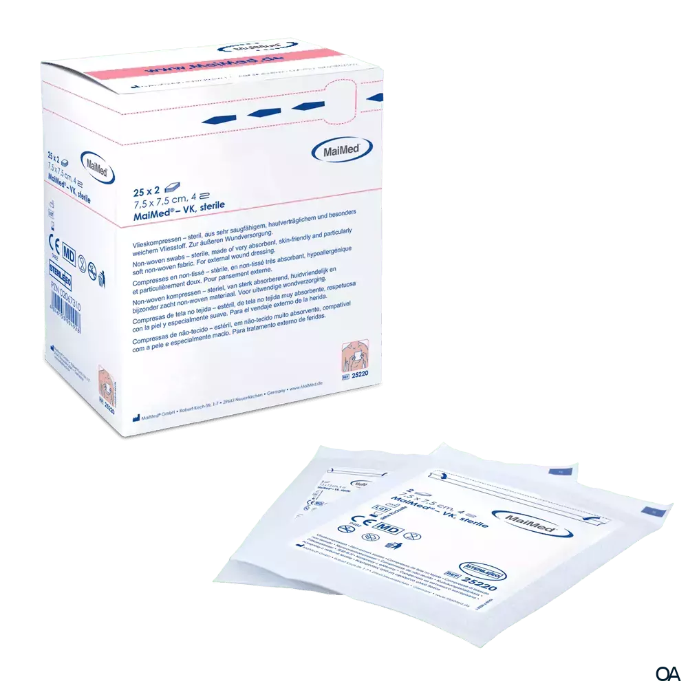 MaiMed Vlieskompressen 4-fach, steril, 7,5 x 7,5 cm, 25 x 2 Stück MaiMed Vlieskompressen 4-fach, steril, 7,5 x 7,5 cm, 25 x 2 Stück
