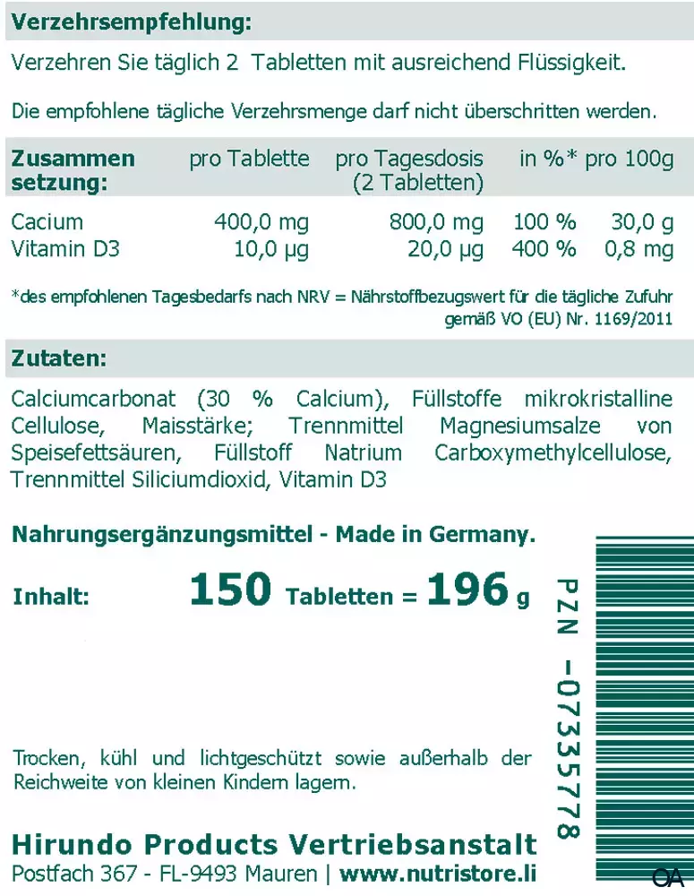 The Nutri Store Calcium + Vitamin D3 Tabletten The Nutri Store Calcium + Vitamin D3 Tabletten