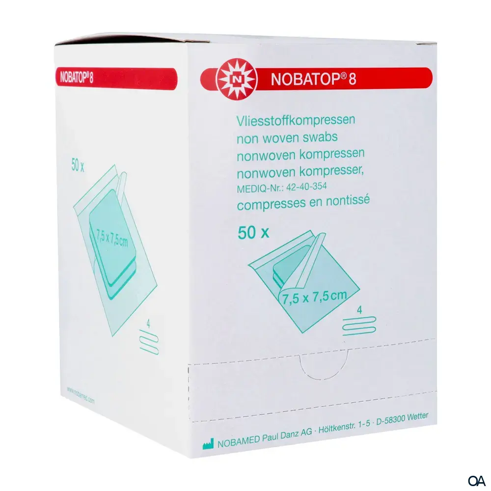 NOBATOP®-steril 8 Vlieskompressen 4-fach, 7,5 x 7,5 cm, 50 x 2 Stück