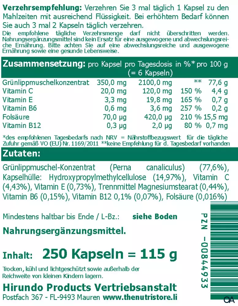 The Nutri Store Grünlipp Muschelkonzentrat Vitamin Kapseln The Nutri Store Grünlipp Muschelkonzentrat Vitamin Kapseln
