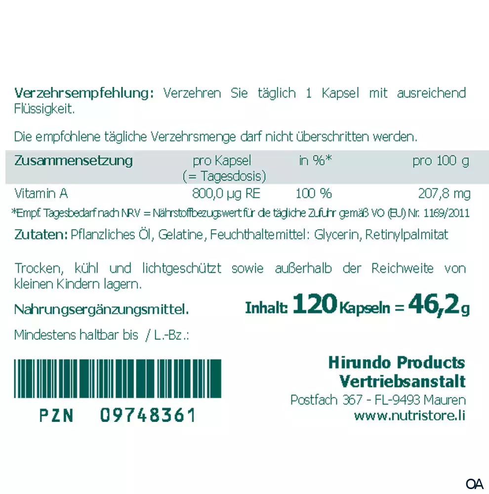 The Nutri Store Vitamin A 800 µg Kapseln The Nutri Store Vitamin A 800 µg Kapseln
