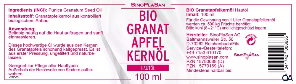 SinoPlaSan Bio Granatapfelkernöl Hautpflegeöl