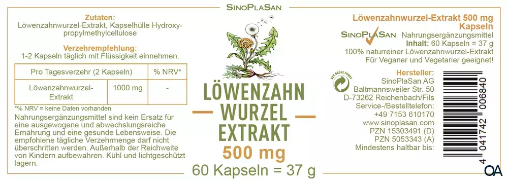 SinoPlaSan Löwenzahnwurzel-Extrakt 500 mg Kapseln SinoPlaSan Löwenzahnwurzel-Extrakt 500 mg Kapseln