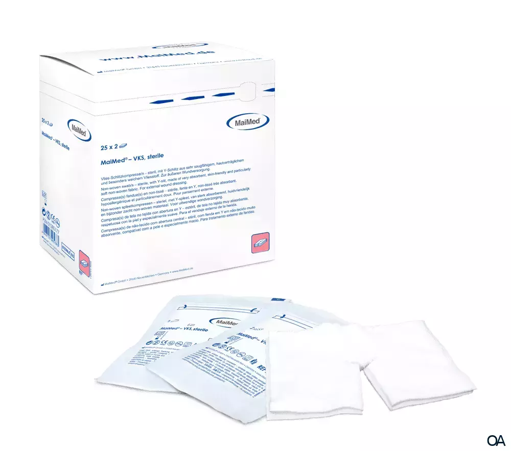 MaiMed Vlies-Schlitzkompressen mit Y-Schlitz, 6-fach, steril, 5 x 5 cm, 25 x 2 Stück