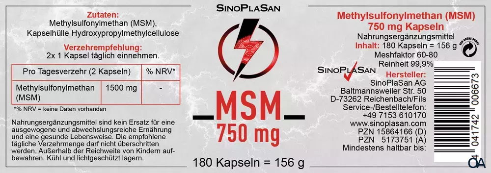 SinoPlaSan MSM 750 mg MONO Kapseln SinoPlaSan MSM 750 mg MONO Kapseln