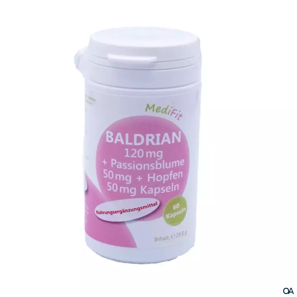 MediFit Baldrian 120 mg + Passionsblume 50 mg + Hopfen 50 mg Kapseln MediFit Baldrian 120 mg + Passionsblume 50 mg + Hopfen 50 mg Kapseln