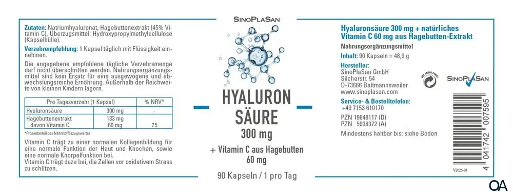 SinoPlaSan Hyaluronsäure 300 mg mit Vitamin C aus Hagebutten Kapseln