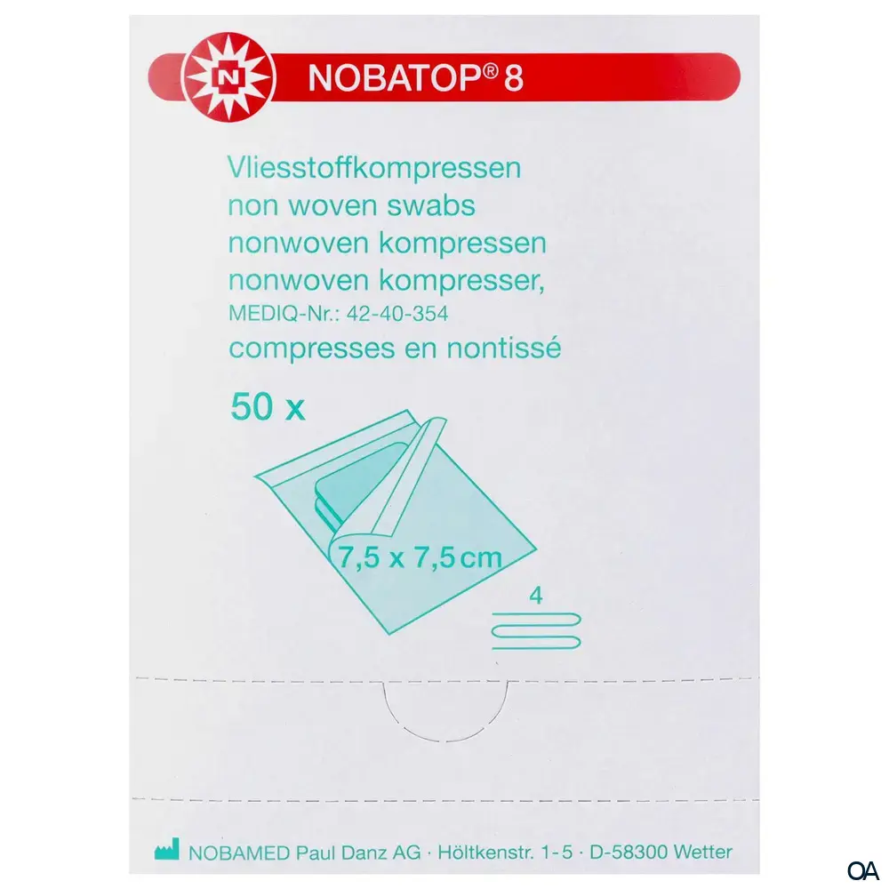 NOBATOP®-steril 8 Vlieskompressen 4-fach, 7,5 x 7,5 cm, 50 x 2 Stück